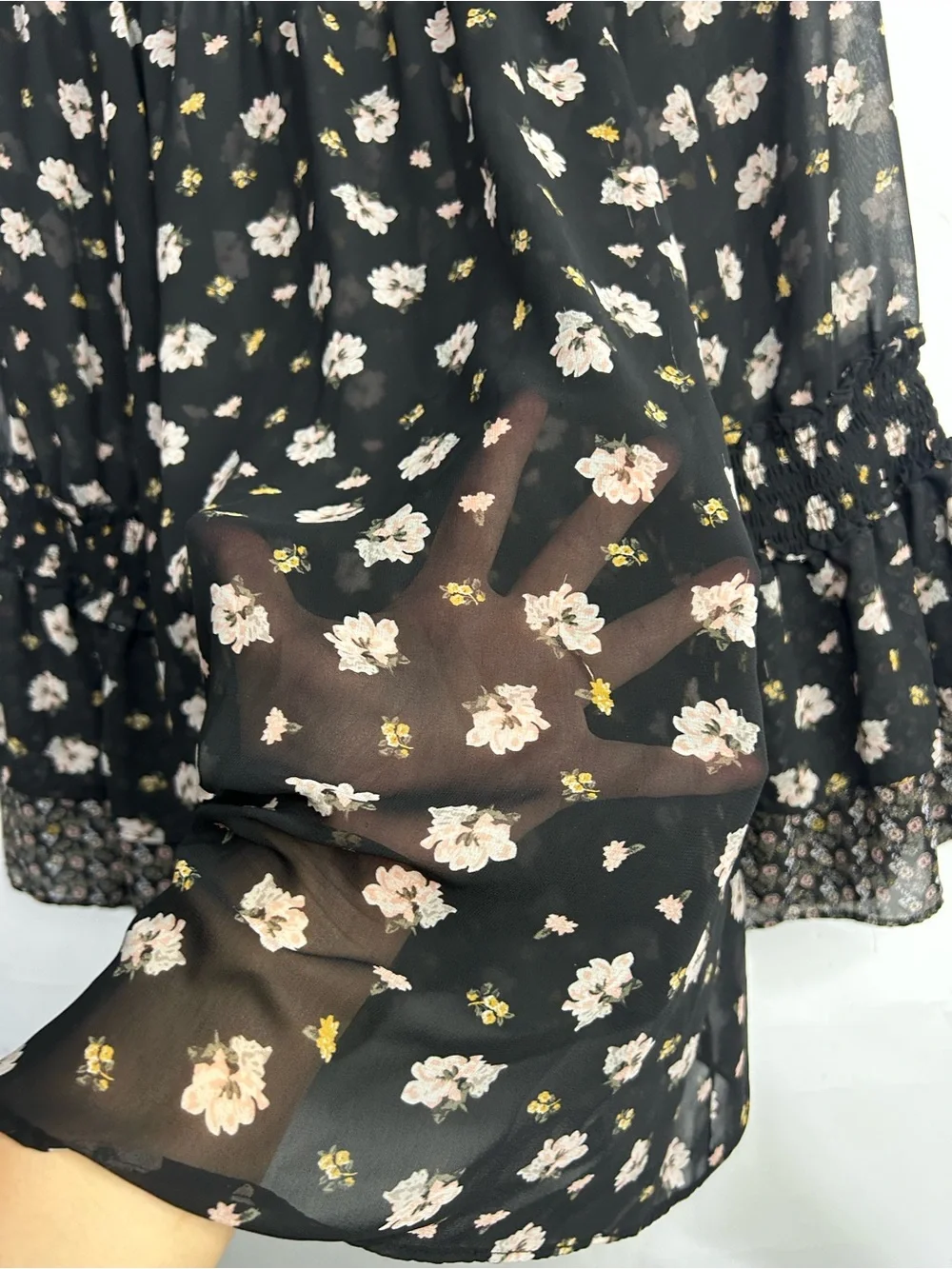 Style & Co. Floral Black Sheer Bell Sleeve Blouse Large
